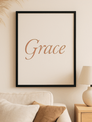 Serene Living Room Art Display ‘Grace Whispers’ is a modern printable wall art design that brings softness and clarity to any room. Featuring the word “Grace” in rose-blush calligraphy against a textured ivory background, this piece is designed to feel both intentional and timeless.