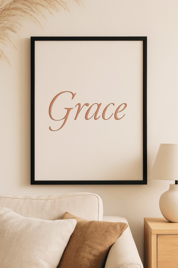 Serene Living Room Art Display ‘Grace Whispers’ is a modern printable wall art design that brings softness and clarity to any room. Featuring the word “Grace” in rose-blush calligraphy against a textured ivory background, this piece is designed to feel both intentional and timeless.