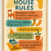 Zany House Rules Poster Framed watercolor House Rules printable wall art featuring quirky text and illustrations, styled in a cozy minimalist room with books and flowers