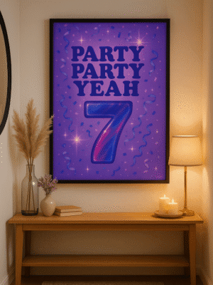 BTS Inspired Party Party Yeah Wall Art – Vibrant Pop Print for K-Pop Fans Party Party Yeah wall art printable in bold purple and neon pop art style with confetti accents.