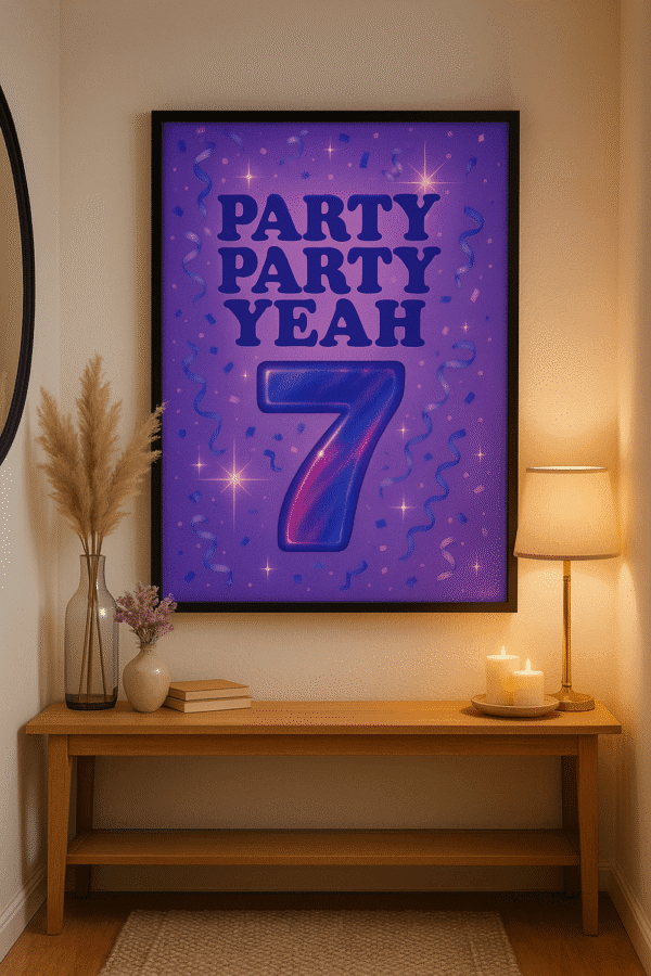 BTS Inspired Party Party Yeah Wall Art – Vibrant Pop Print for K-Pop Fans Party Party Yeah wall art printable in bold purple and neon pop art style with confetti accents.