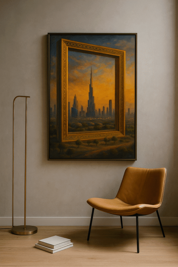 Burj Khalifa & Dubai Frame Golden Hour Cityscape Wall Art Dubai Frame at Sunset digital art print of Burj Khalifa and Dubai skyline at golden hour