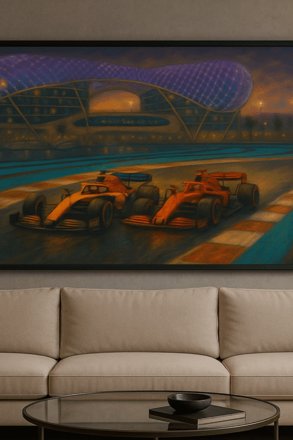Formula 1 Digital Art Print in living room Formula 1 digital art print – night racing cars under lights