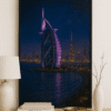 Gold Frame Skyline Printable – Modern Vintage Wall Art for Entryway Dubai skyline digital art print of Burj Al Arab at night.