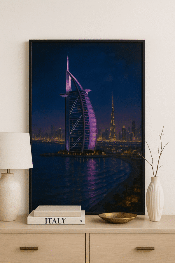 Gold Frame Skyline Printable – Modern Vintage Wall Art for Entryway Dubai skyline digital art print of Burj Al Arab at night.