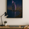 _Night Skyline Poster – Gold Ornate Frame, Printable Cityscape Dubai skyline digital art print of Burj Al Arab at night.