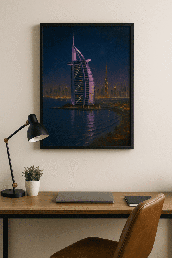 _Night Skyline Poster – Gold Ornate Frame, Printable Cityscape Dubai skyline digital art print of Burj Al Arab at night.