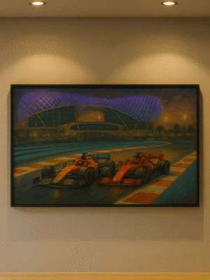 Night time Formula 1 Digital Art Print framed- McLaren and Ferarri Formula 1 digital art print – night racing cars under lights