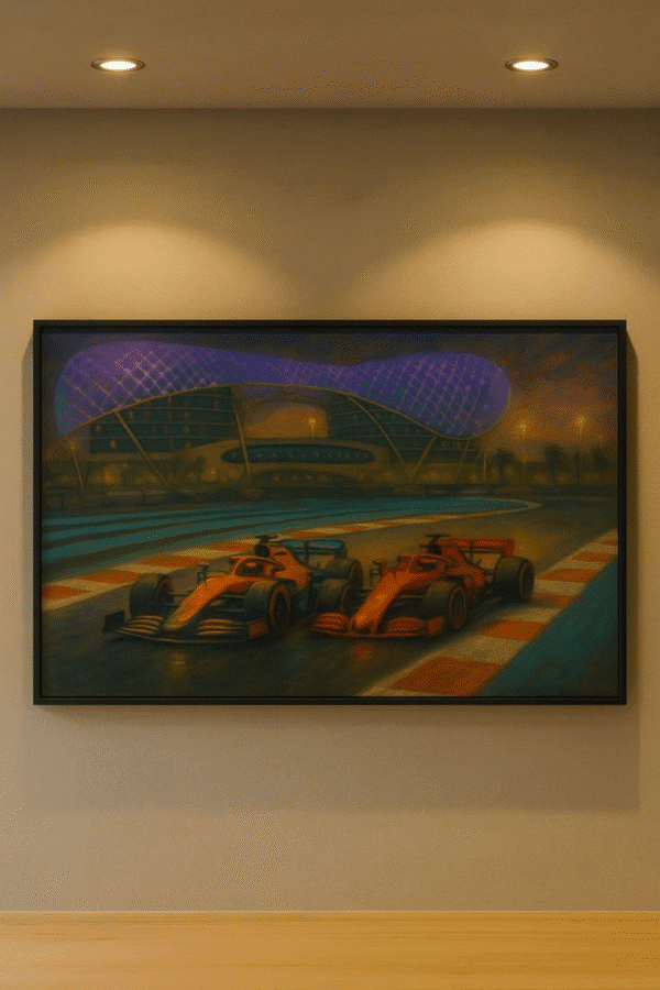 Night time Formula 1 Digital Art Print framed- McLaren and Ferarri Formula 1 digital art print – night racing cars under lights