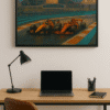 Night time Formula 1 Digital Art Print in home office Formula 1 digital art print – night racing cars under lights