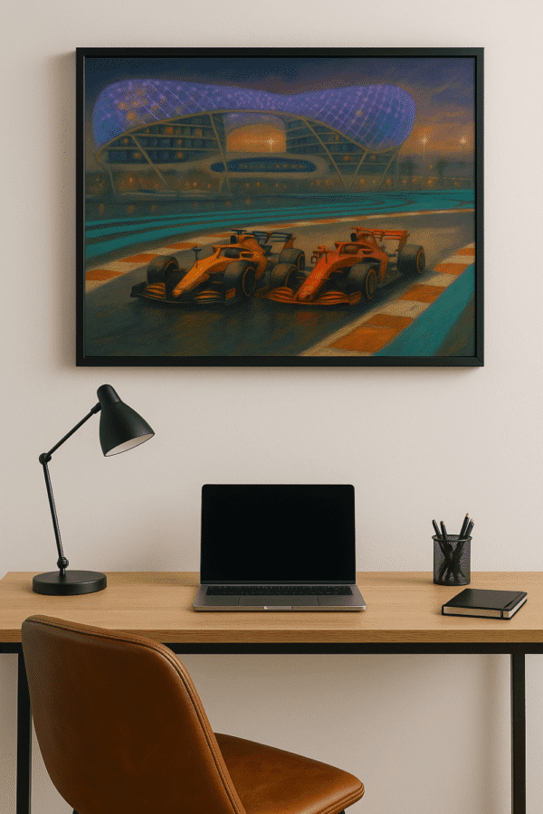 Night time Formula 1 Digital Art Print in home office Formula 1 digital art print – night racing cars under lights