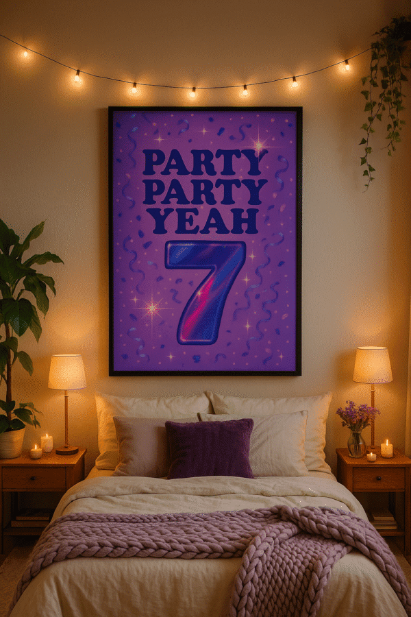 Party Party Yeah BTS Inspired Printable Art – Bold Purple Digital Poster Party Party Yeah wall art printable in bold purple and neon pop art style with confetti accents.