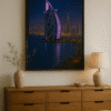 nighttime City Skyline Wall Art Print – Cityscape in Gold Frame Dubai skyline digital art print of Burj Al Arab at night.