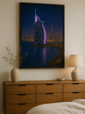 nighttime City Skyline Wall Art Print – Cityscape in Gold Frame Dubai skyline digital art print of Burj Al Arab at night.