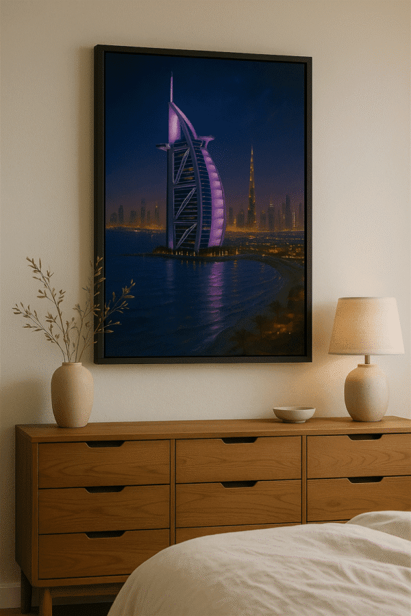 nighttime City Skyline Wall Art Print – Cityscape in Gold Frame Dubai skyline digital art print of Burj Al Arab at night.